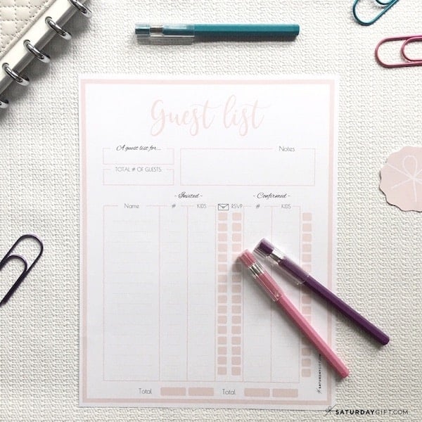 Pink printable party guest list planner template <Free printable></p>
<p>