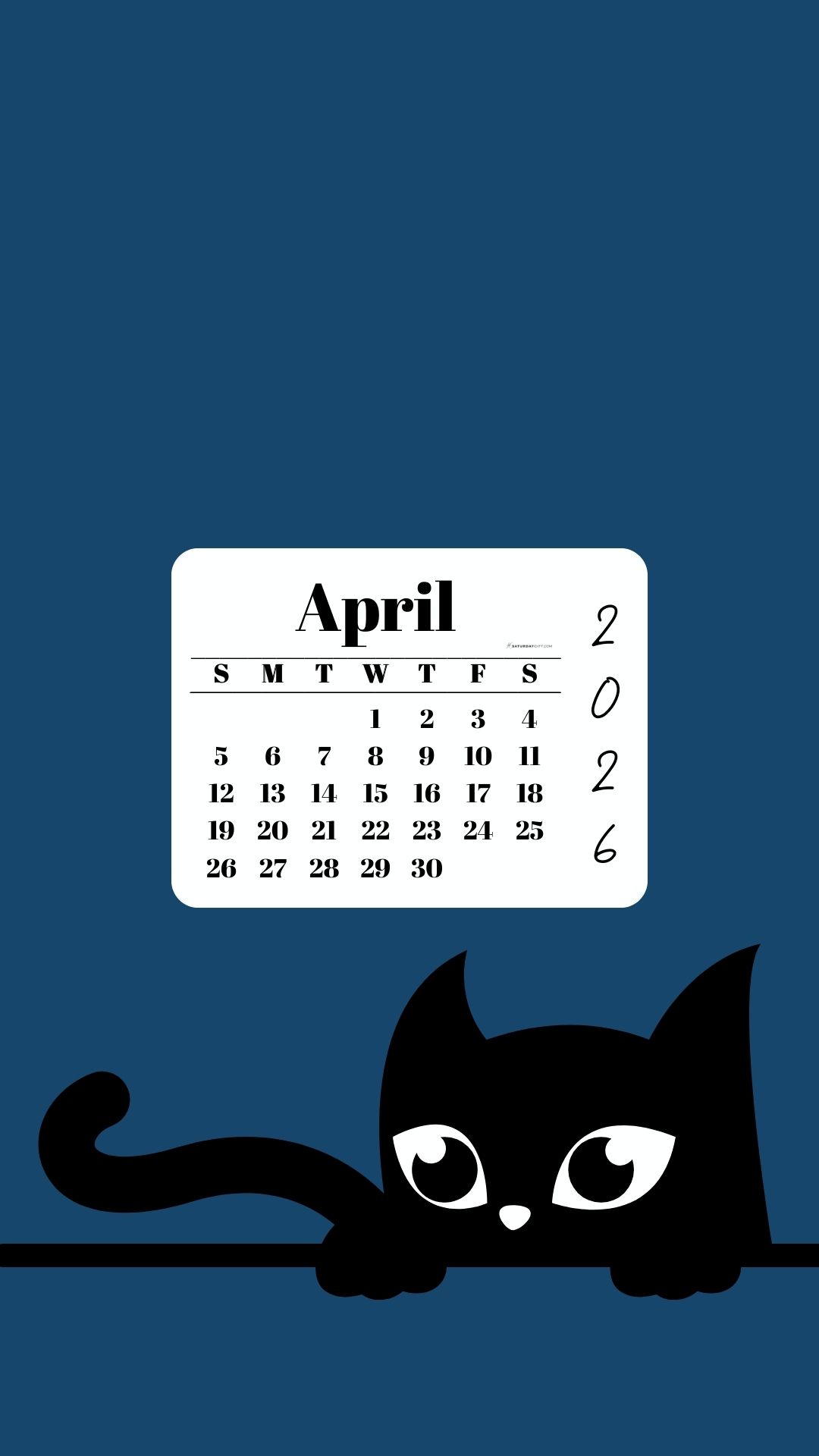 Phone Background Wallpaper April Calendar 2026 - Black Cat Blue | SaturdayGift