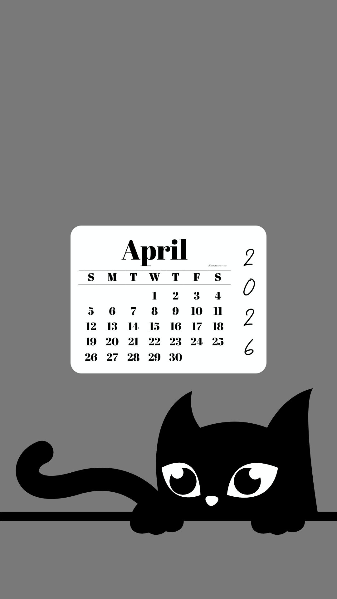 Phone Background Wallpaper April Calendar 2026 - Black Cat Grey | SaturdayGift