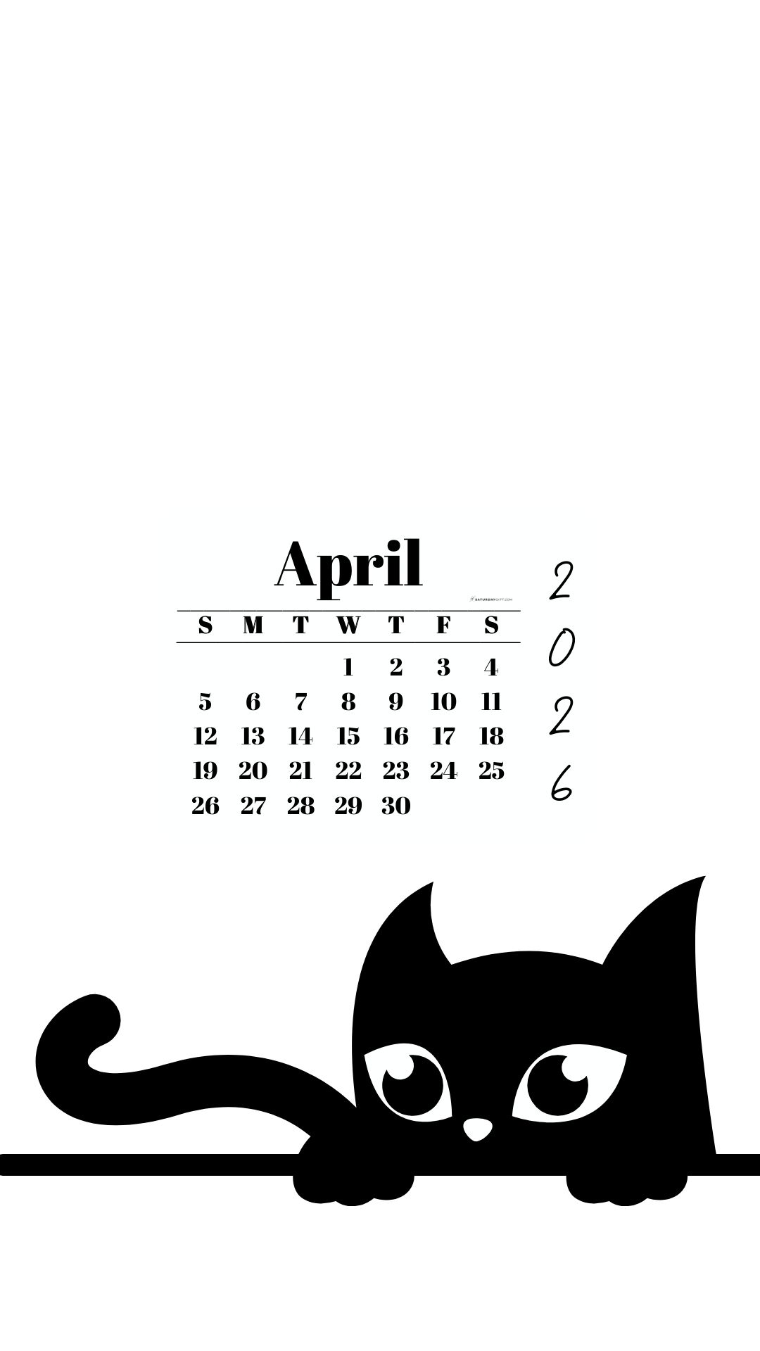 Phone Background Wallpaper April Calendar 2026 - Black Cat White | SaturdayGift
