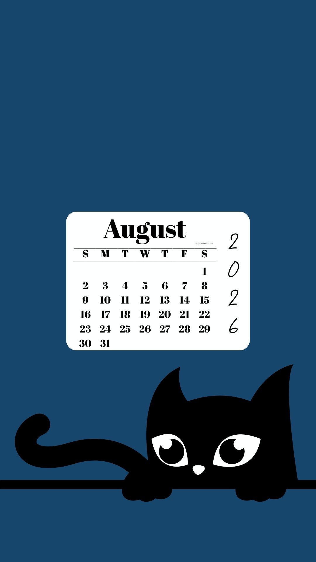 Phone Background Wallpaper August Calendar 2026 - Black Cat Blue | SaturdayGift