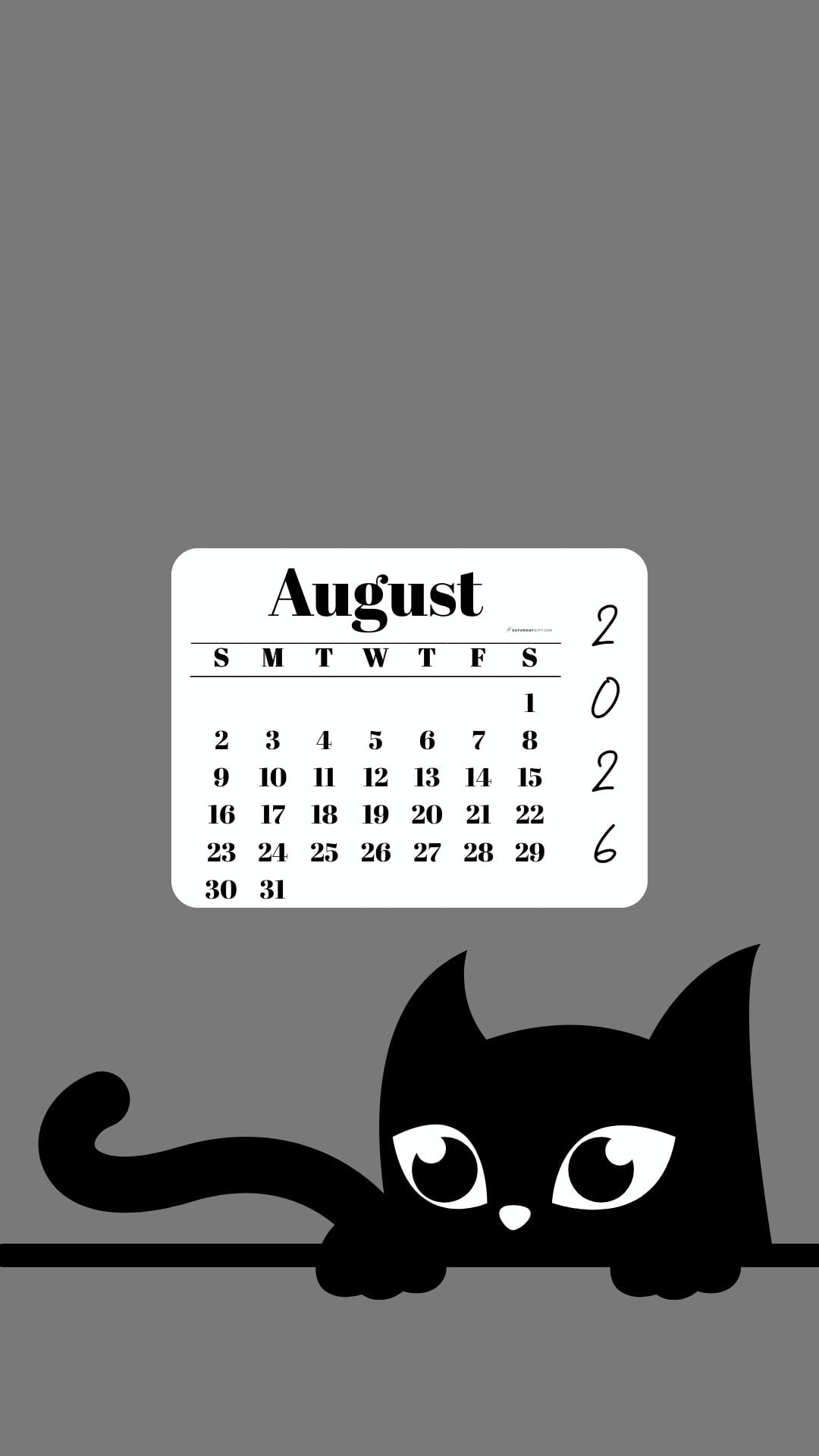 Phone Background Wallpaper August Calendar 2026 - Black Cat Grey | SaturdayGift