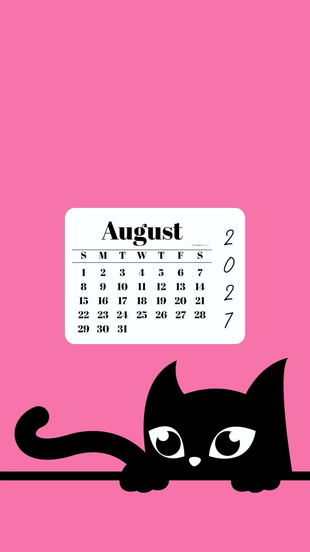 Phone Background Wallpaper August Calendar - Black Cat Pink | SaturdayGift