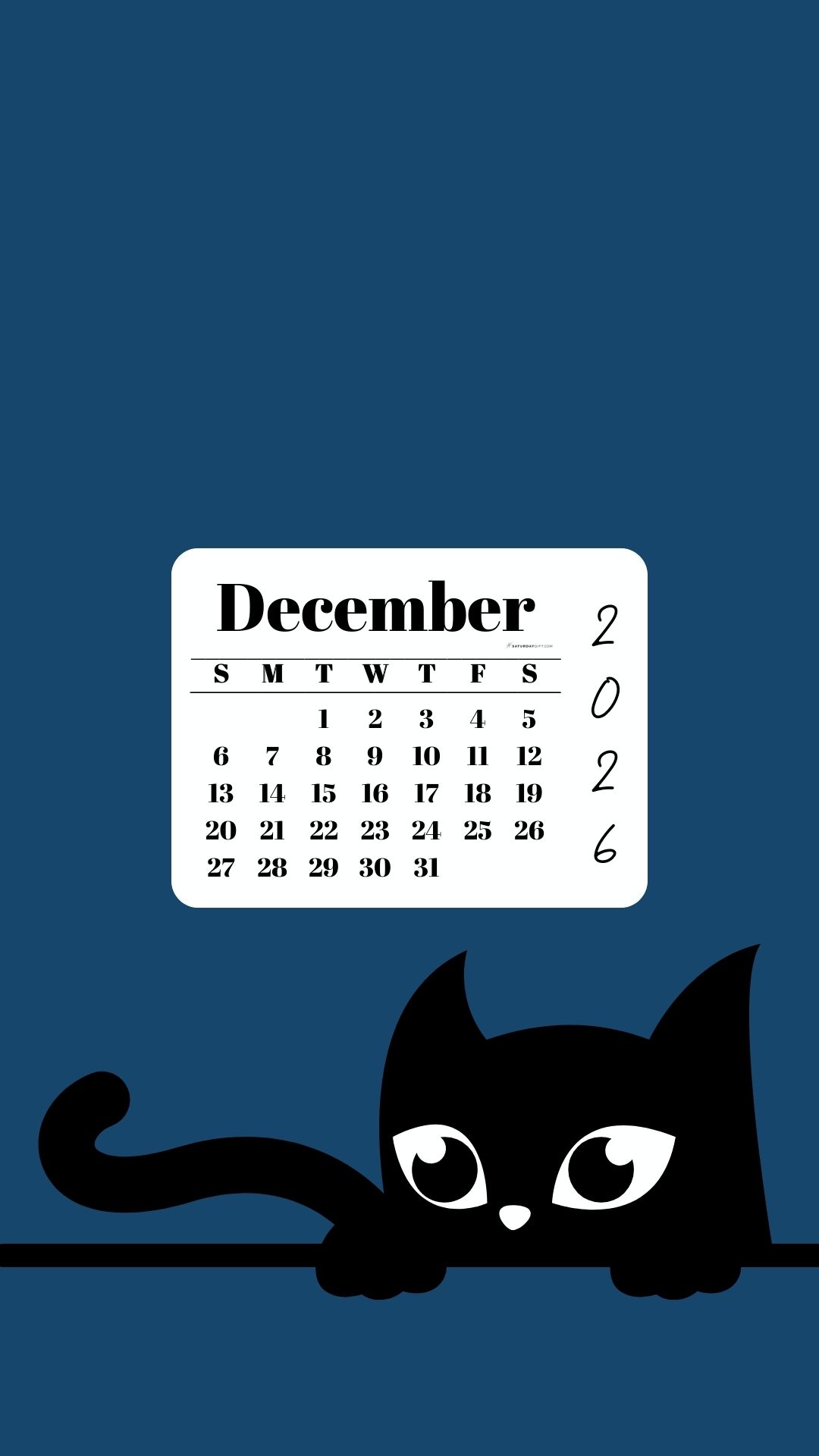 Phone Background Wallpaper December Calendar 2026 - Black Cat Blue | SaturdayGift