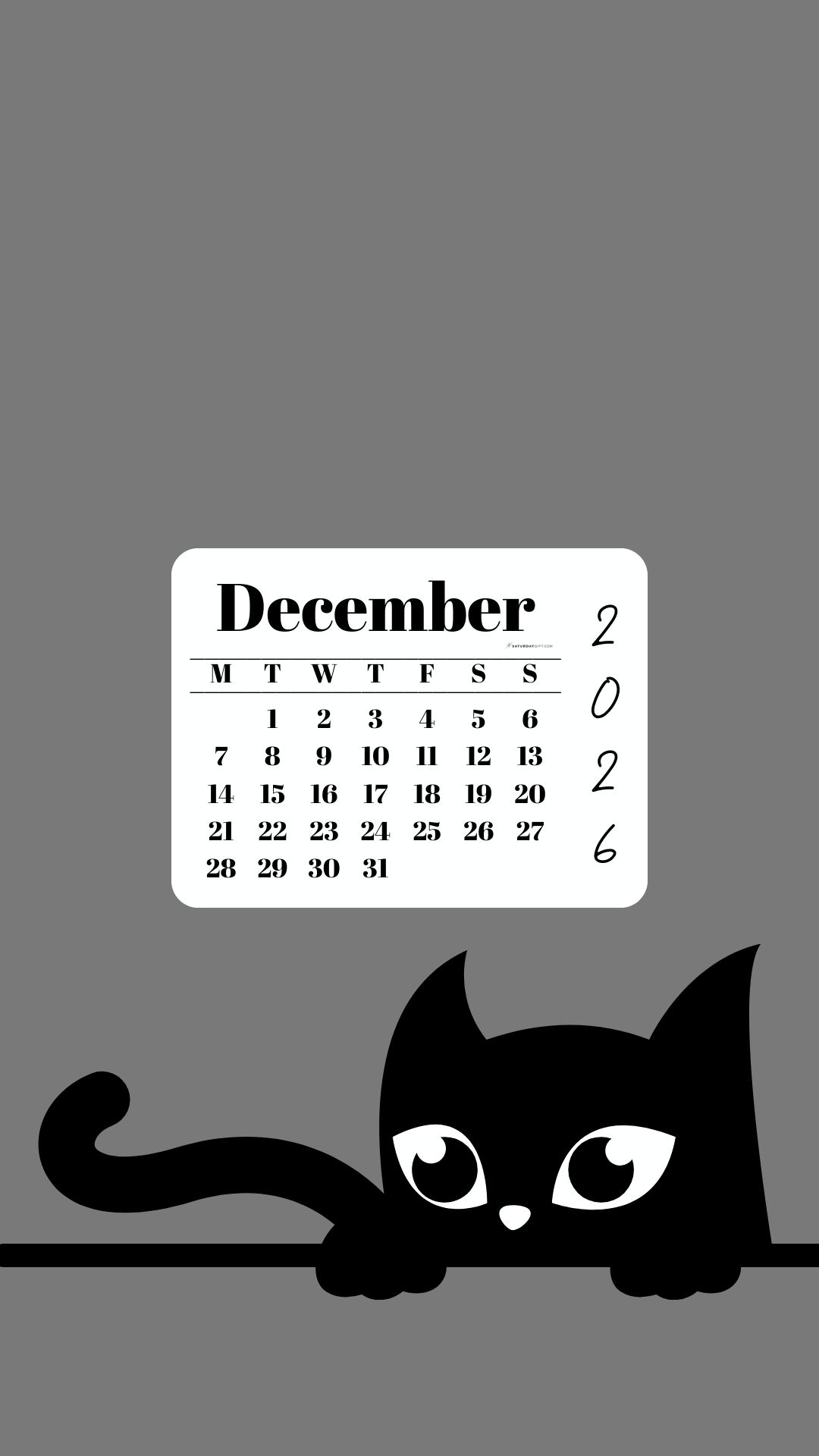 Phone Background Wallpaper December Calendar 2026 - Black Cat Grey | SaturdayGift