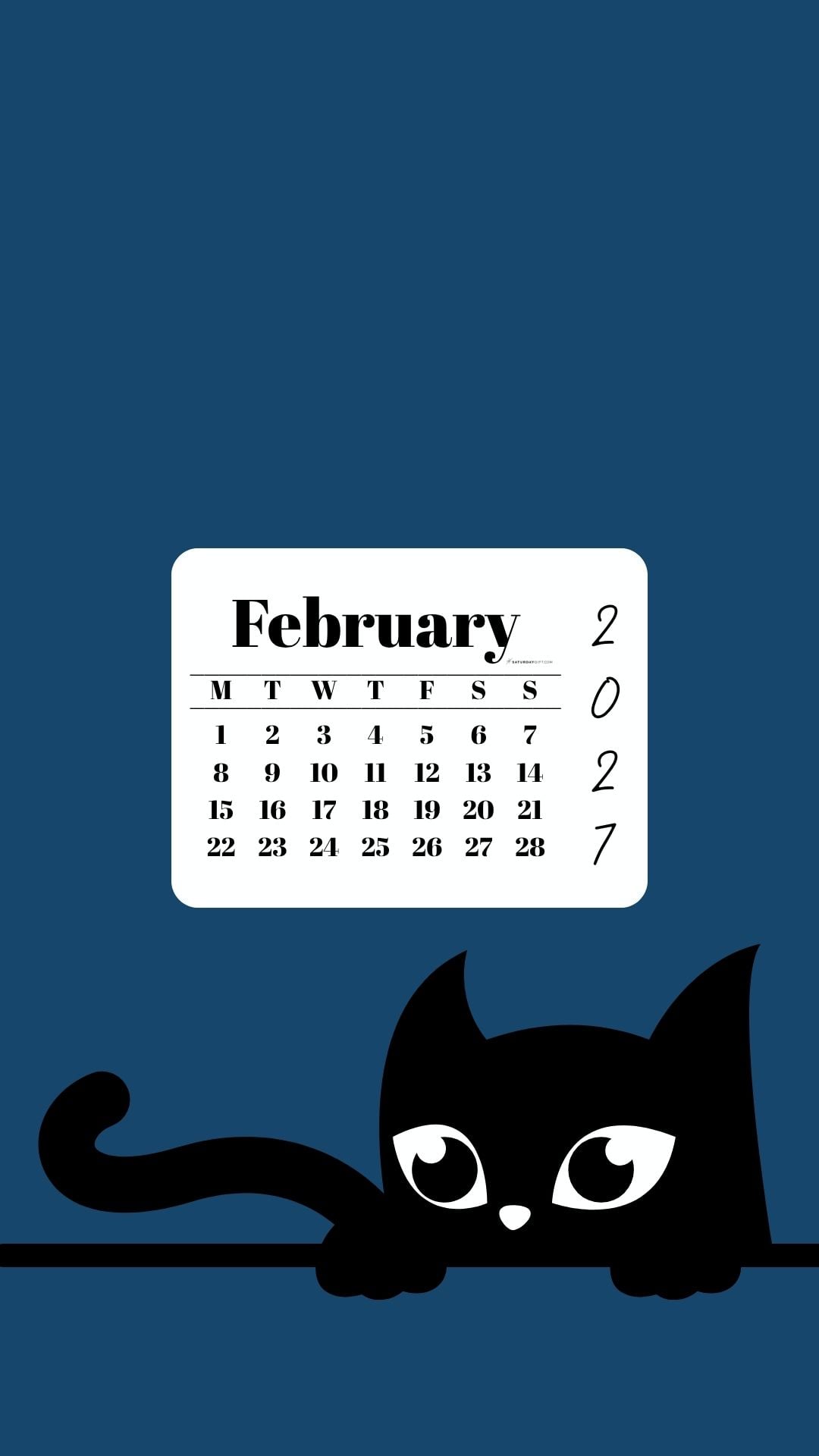 Phone Background Wallpaper February Calendar 2027 - Black Cat Blue | SaturdayGift