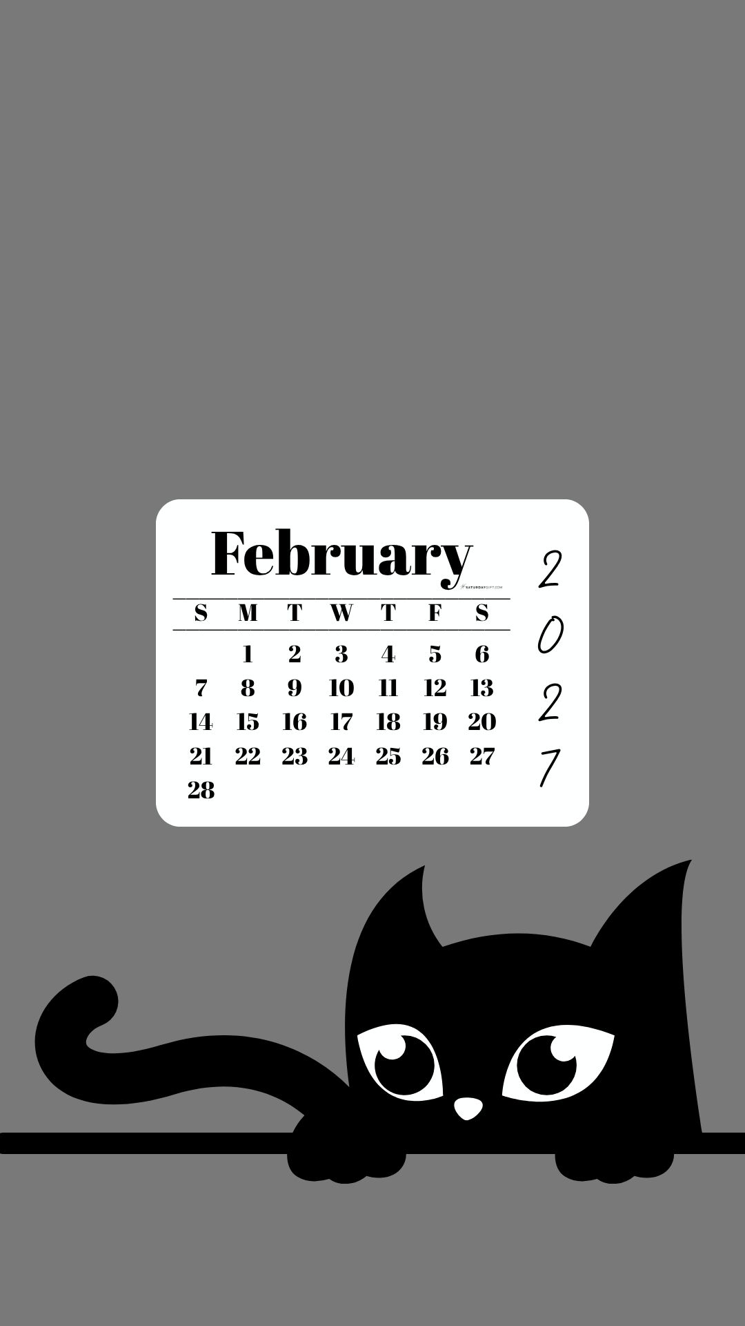 Phone Background Wallpaper February Calendar 2027 - Black Cat Grey | SaturdayGift