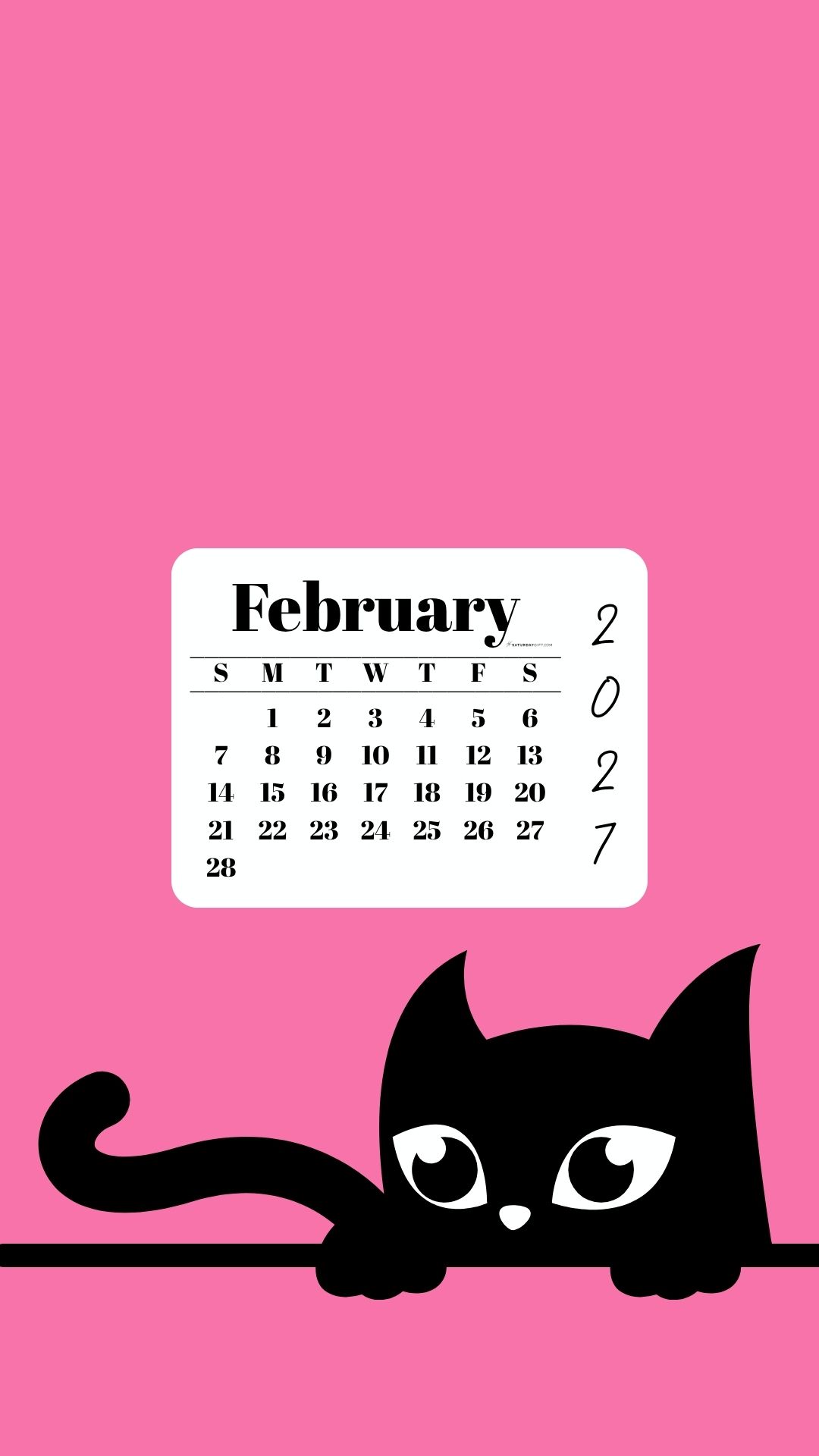 Phone Background Wallpaper February Calendar 2027 - Black Cat Pink | SaturdayGift