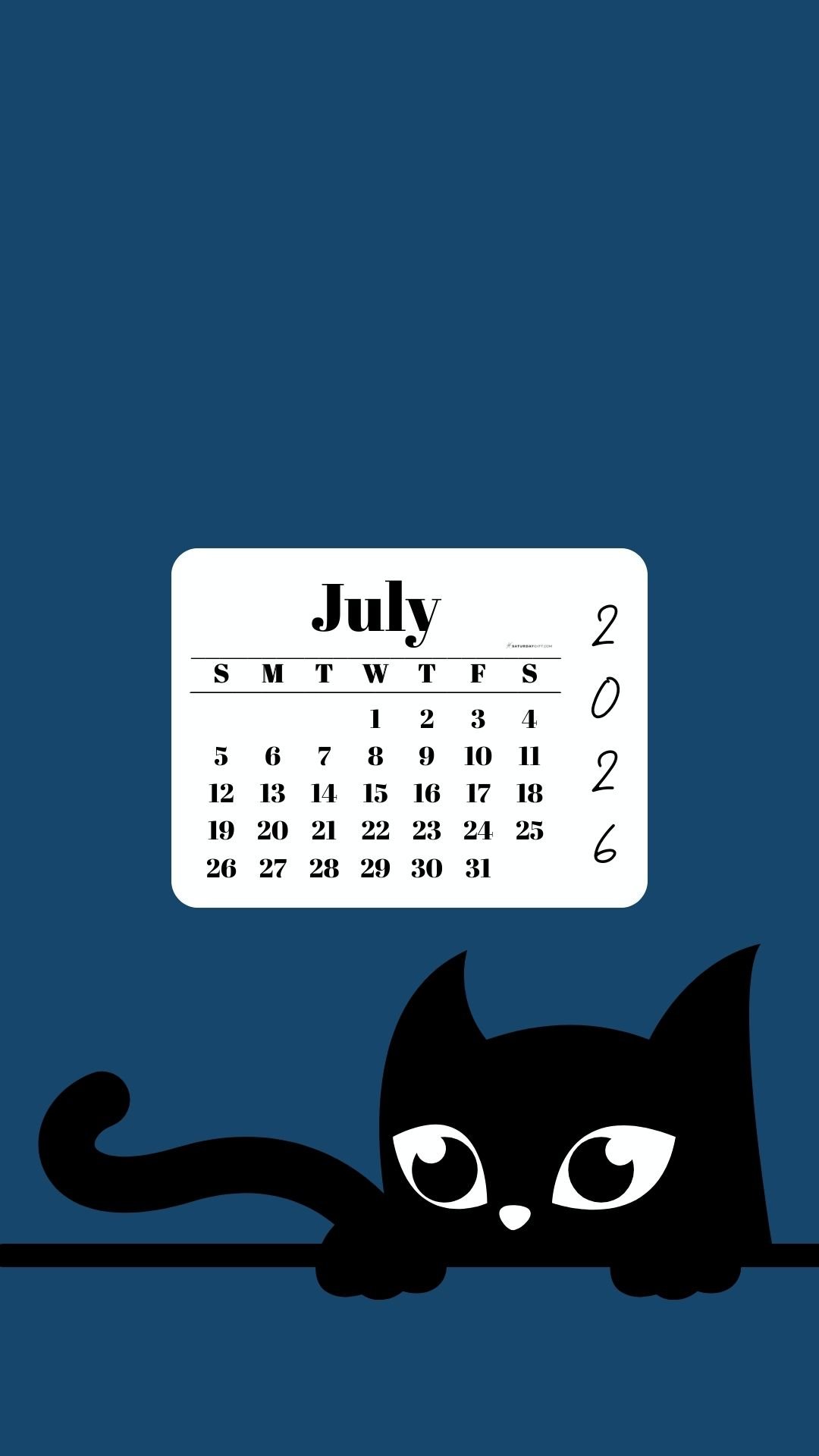 Phone Background Wallpaper July Calendar 2026 - Black Cat Blue | SaturdayGift