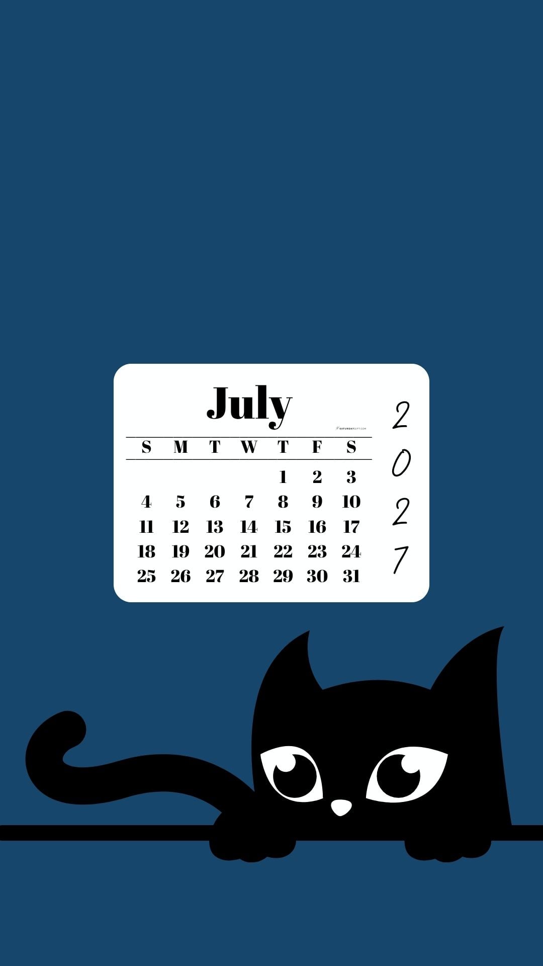 Phone Background Wallpaper July Calendar - Black Cat Blue | SaturdayGift