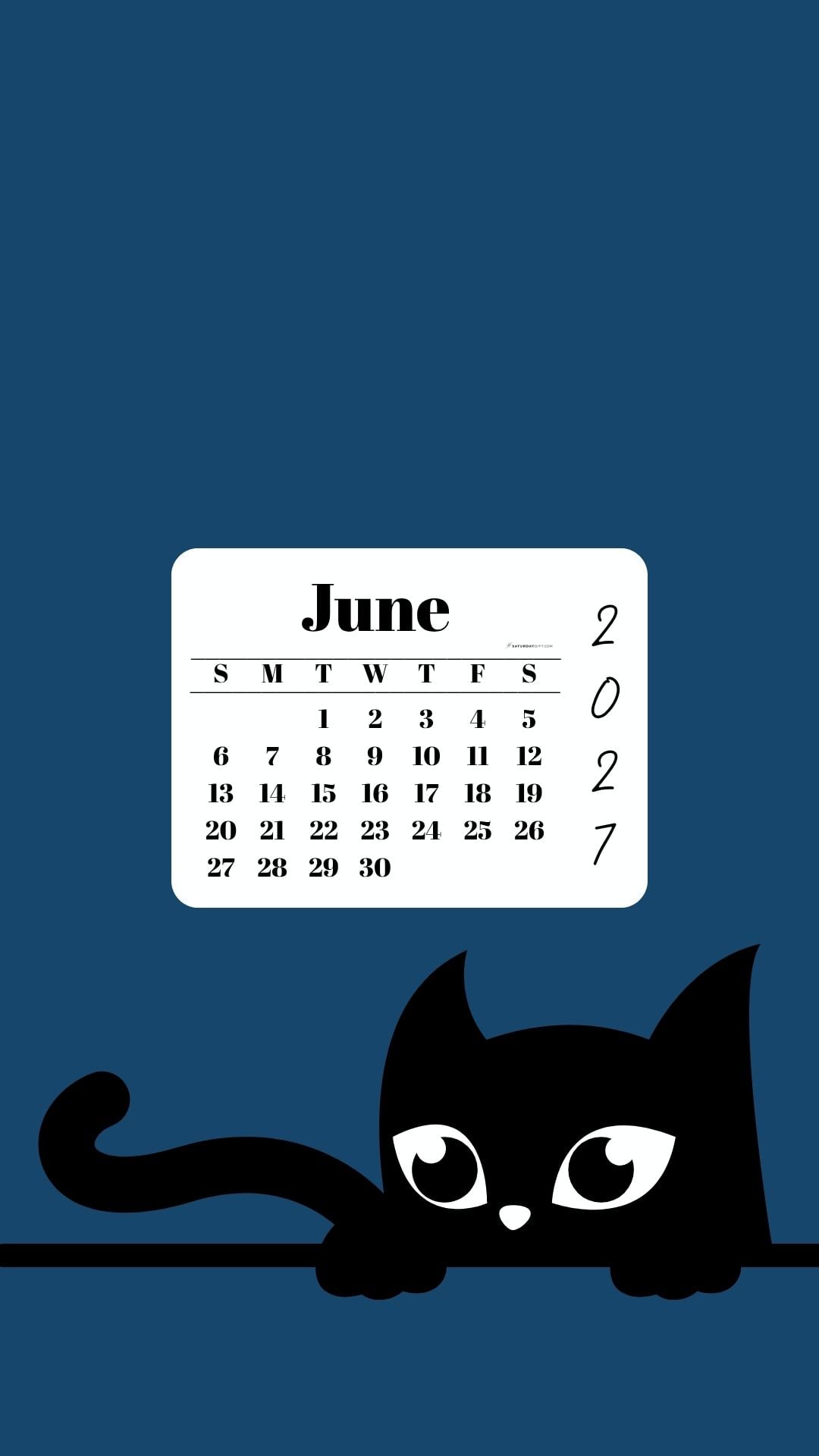 Phone Background Wallpaper June Calendar 2027 - Black Cat Blue | SaturdayGift