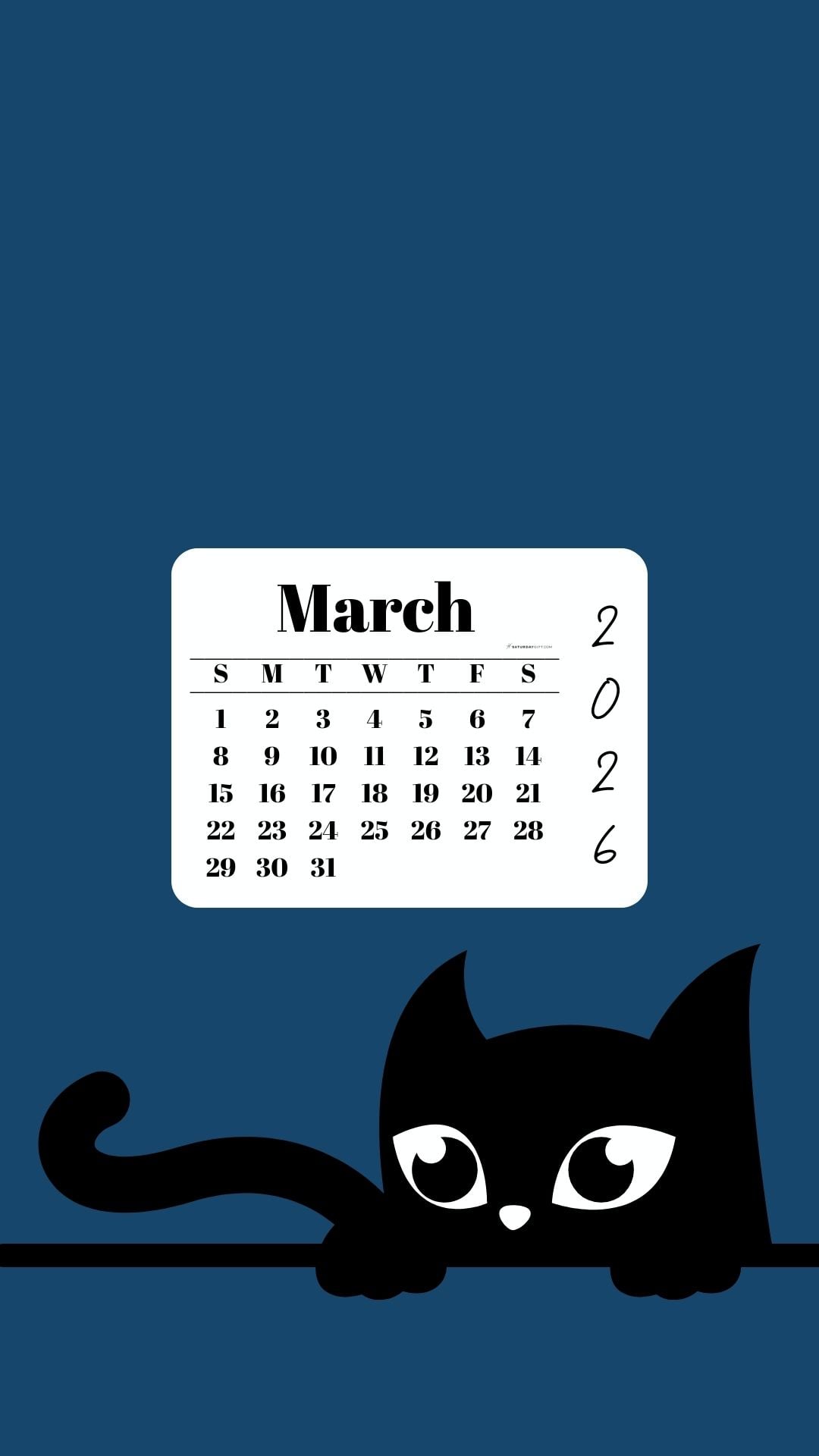 Phone Background Wallpaper March Calendar 2026 - Black Cat Blue | SaturdayGift