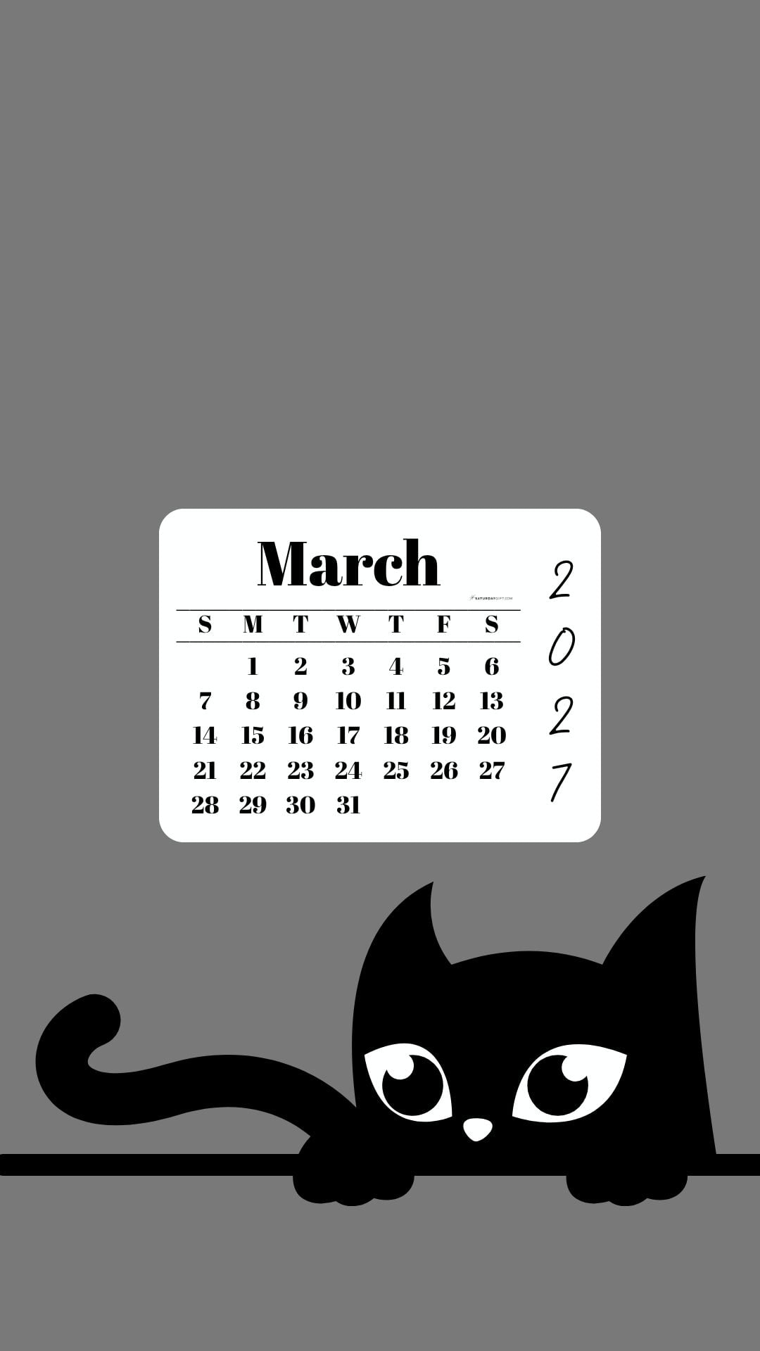 Phone Background Wallpaper March Calendar 2027 - Black Cat Grey | SaturdayGift