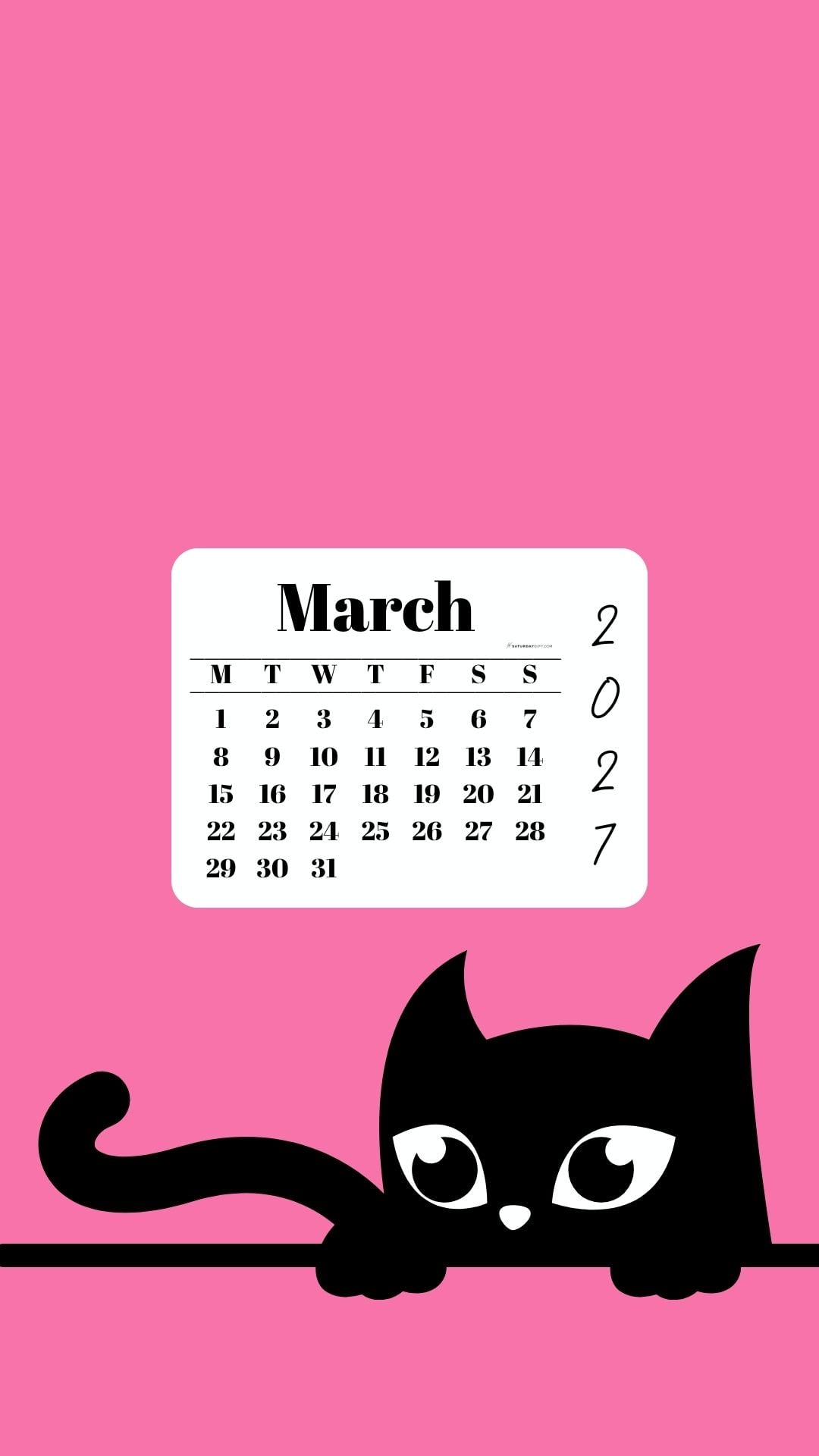 Phone Background Wallpaper March Calendar 2027 - Black Cat Pink | SaturdayGift