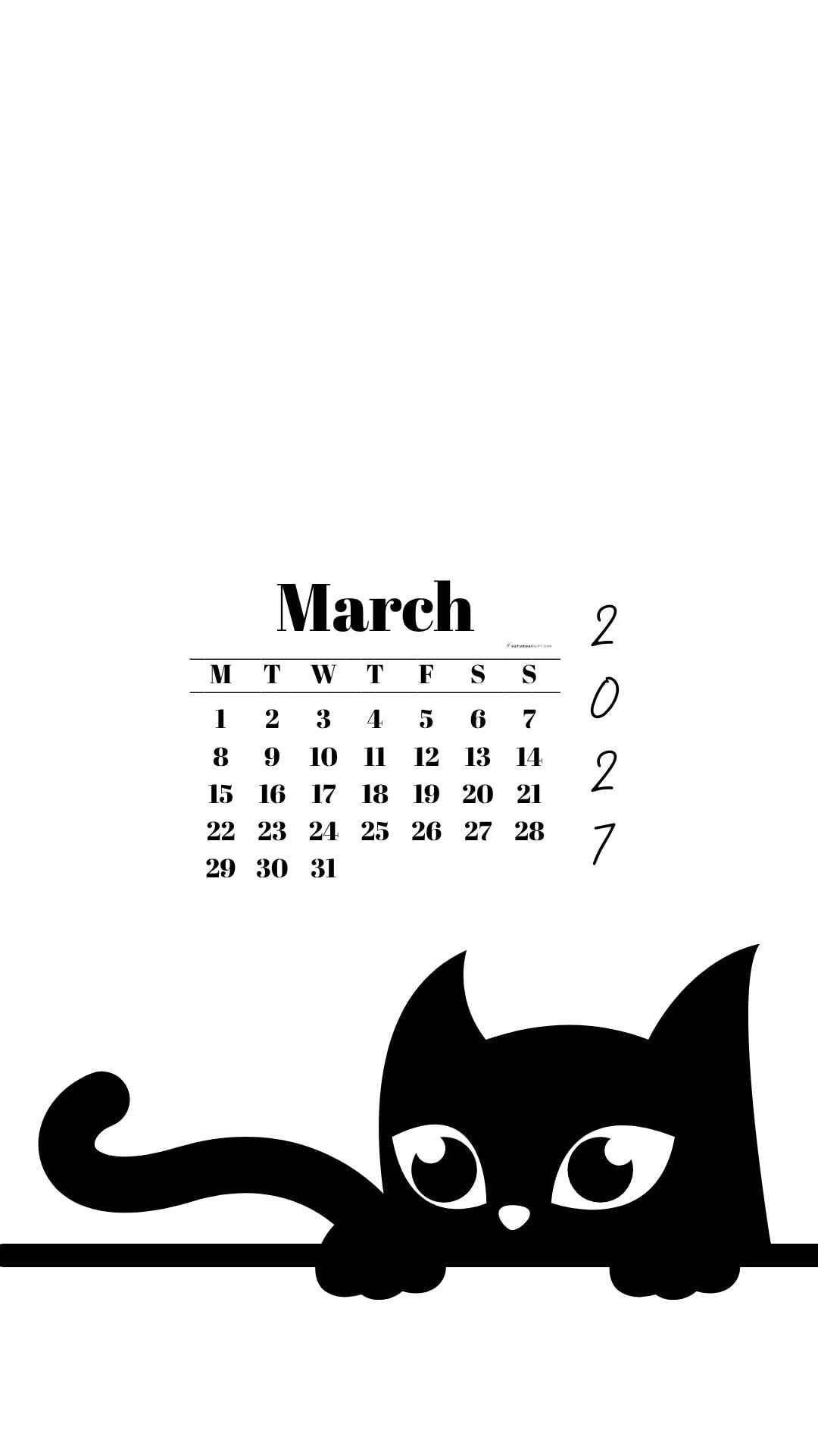 Phone Background Wallpaper March Calendar 2027 - Black Cat White | SaturdayGift