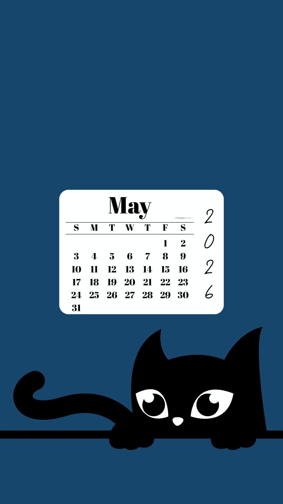 Phone Background Wallpaper May Calendar 2026 - Black Cat Blue | SaturdayGift