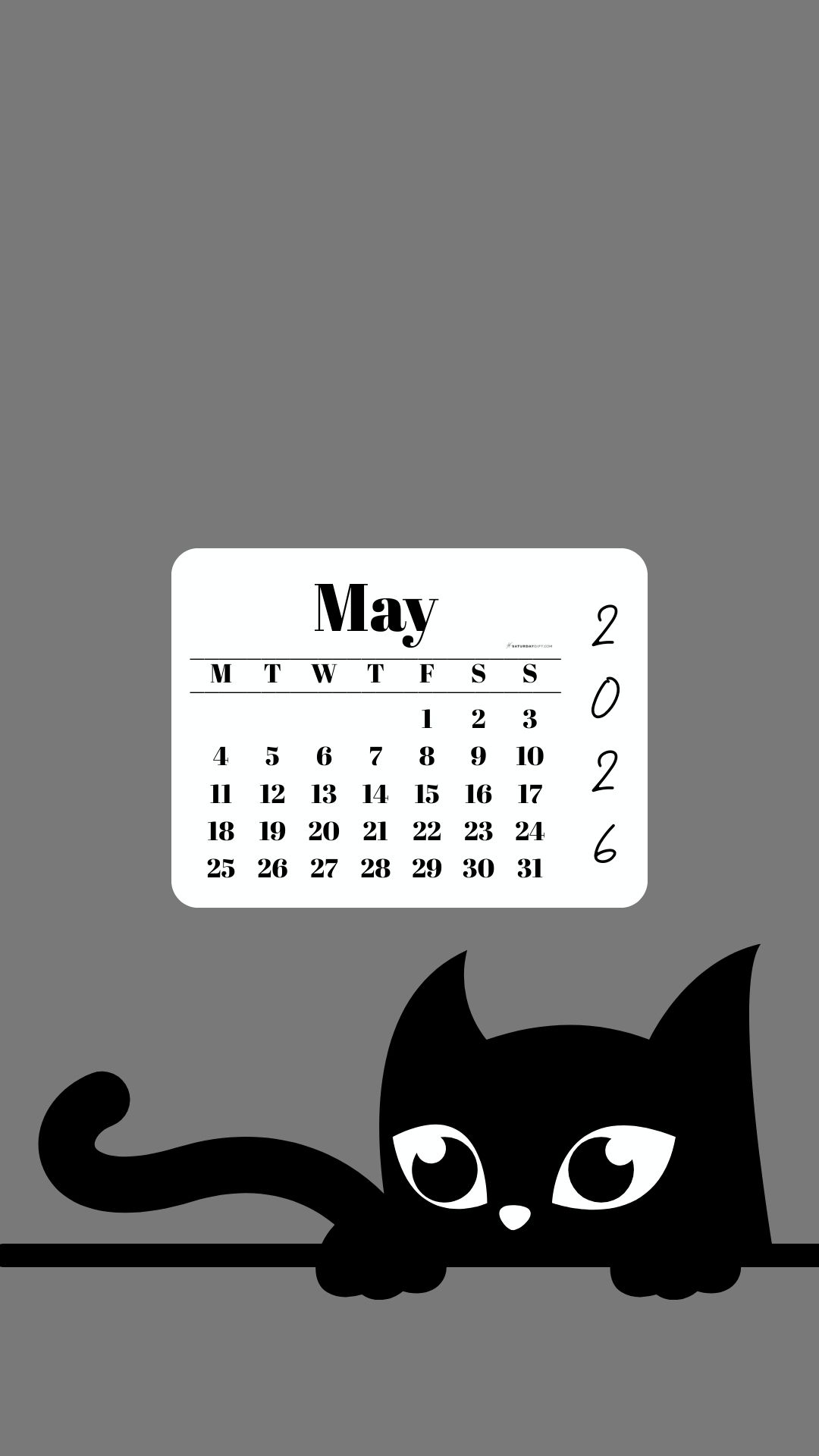 Phone Background Wallpaper May Calendar 2026 - Black Cat Grey | SaturdayGift