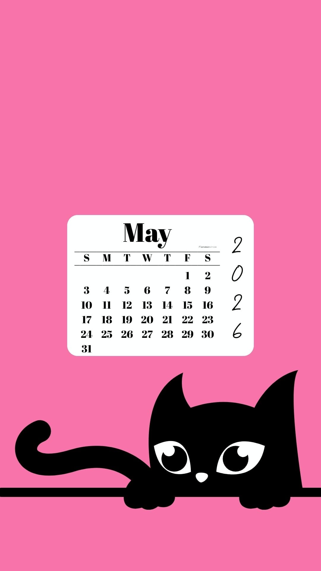 Phone Background Wallpaper May Calendar 2026 - Black Cat Pink | SaturdayGift