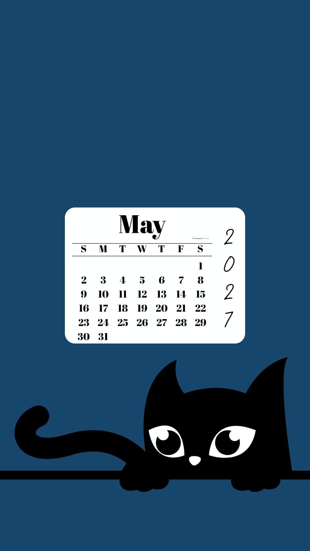 Phone Background Wallpaper May Calendar 2027 - Black Cat Blue | SaturdayGift