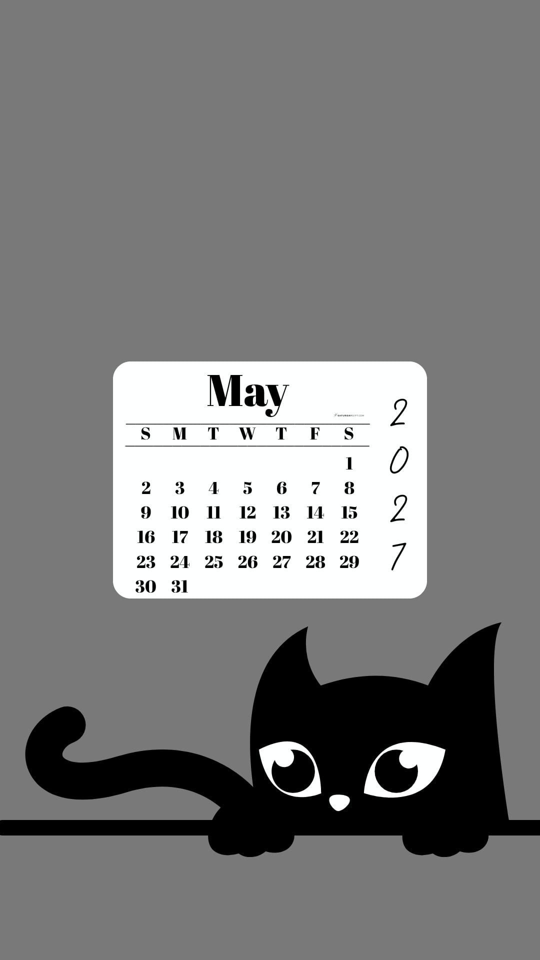 Phone Background Wallpaper May Calendar 2027 - Black Cat Grey | SaturdayGift