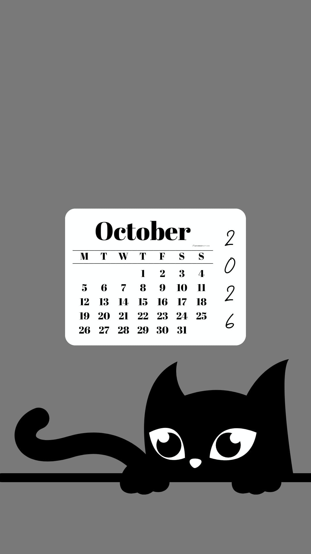 Phone Background Wallpaper October Calendar 2026 - Black Cat Grey | SaturdayGift