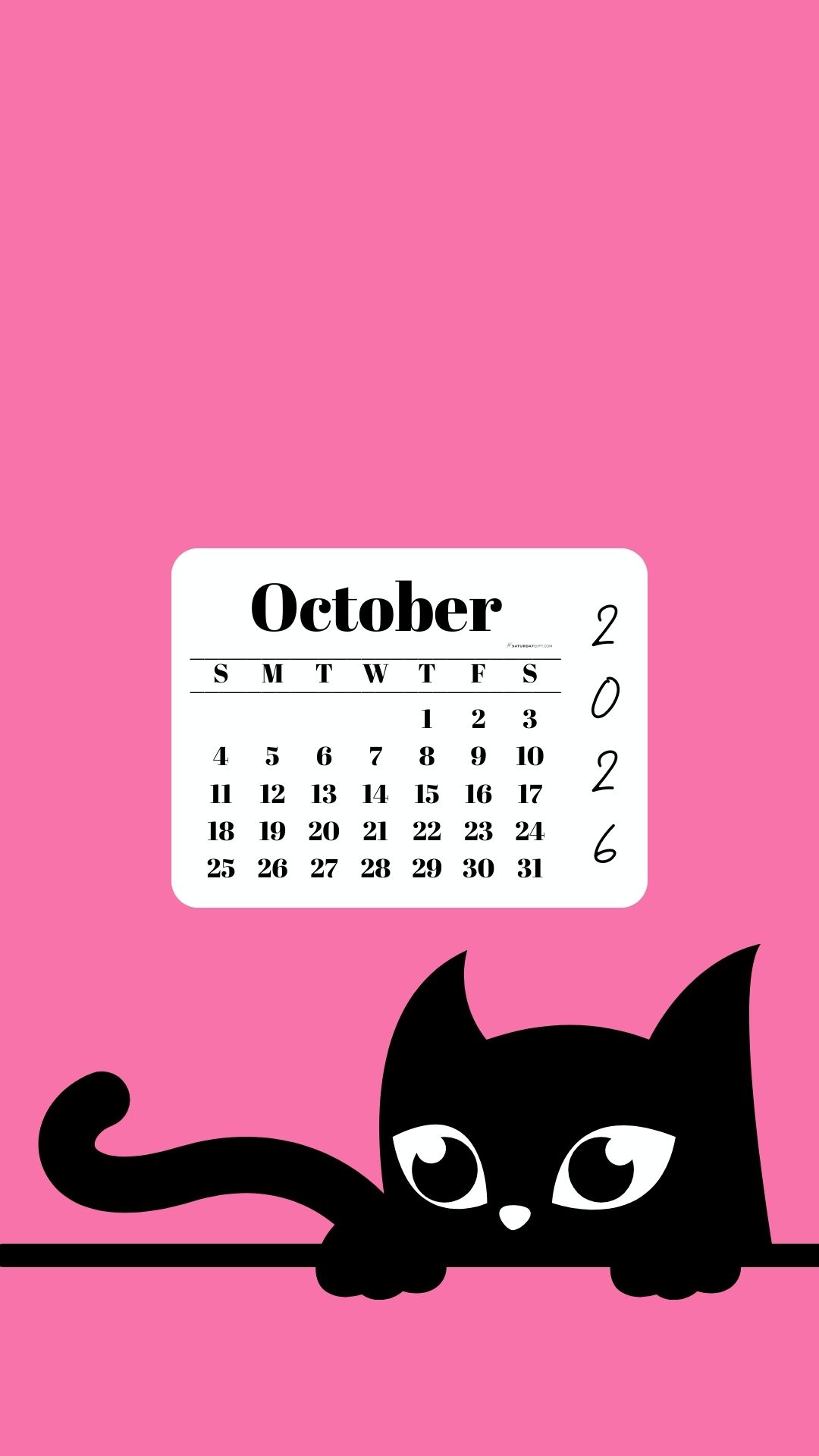 Phone Background Wallpaper October Calendar 2026 - Black Cat Pink | SaturdayGift