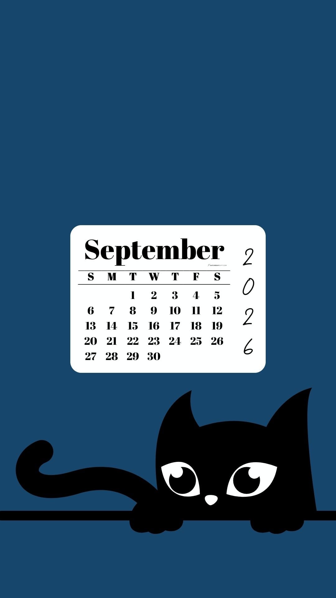 Phone Background Wallpaper September Calendar 2026 - Black Cat Blue | SaturdayGift
