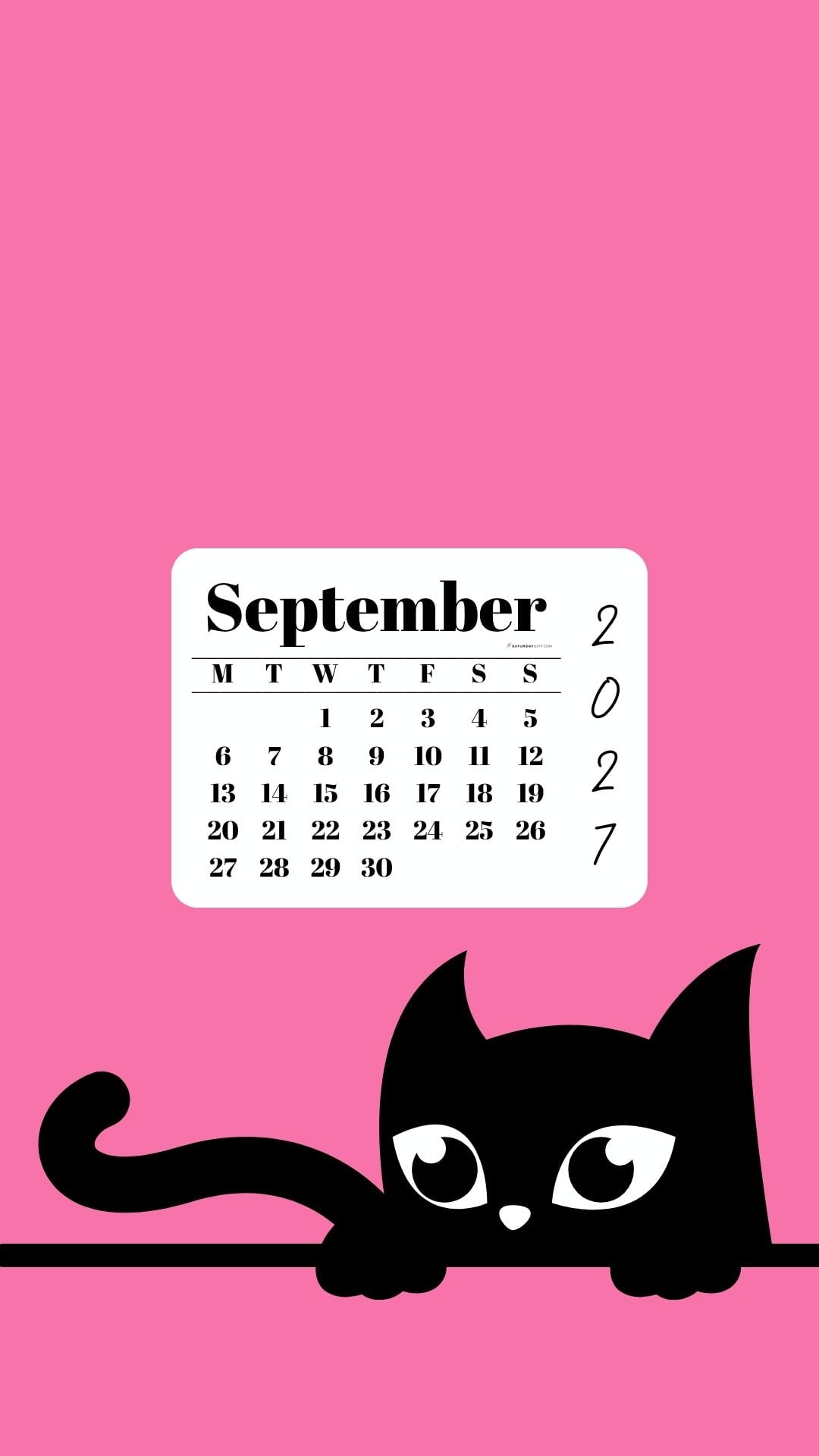 Phone Background Wallpaper September Calendar 2027 - Black Cat Pink | SaturdayGift