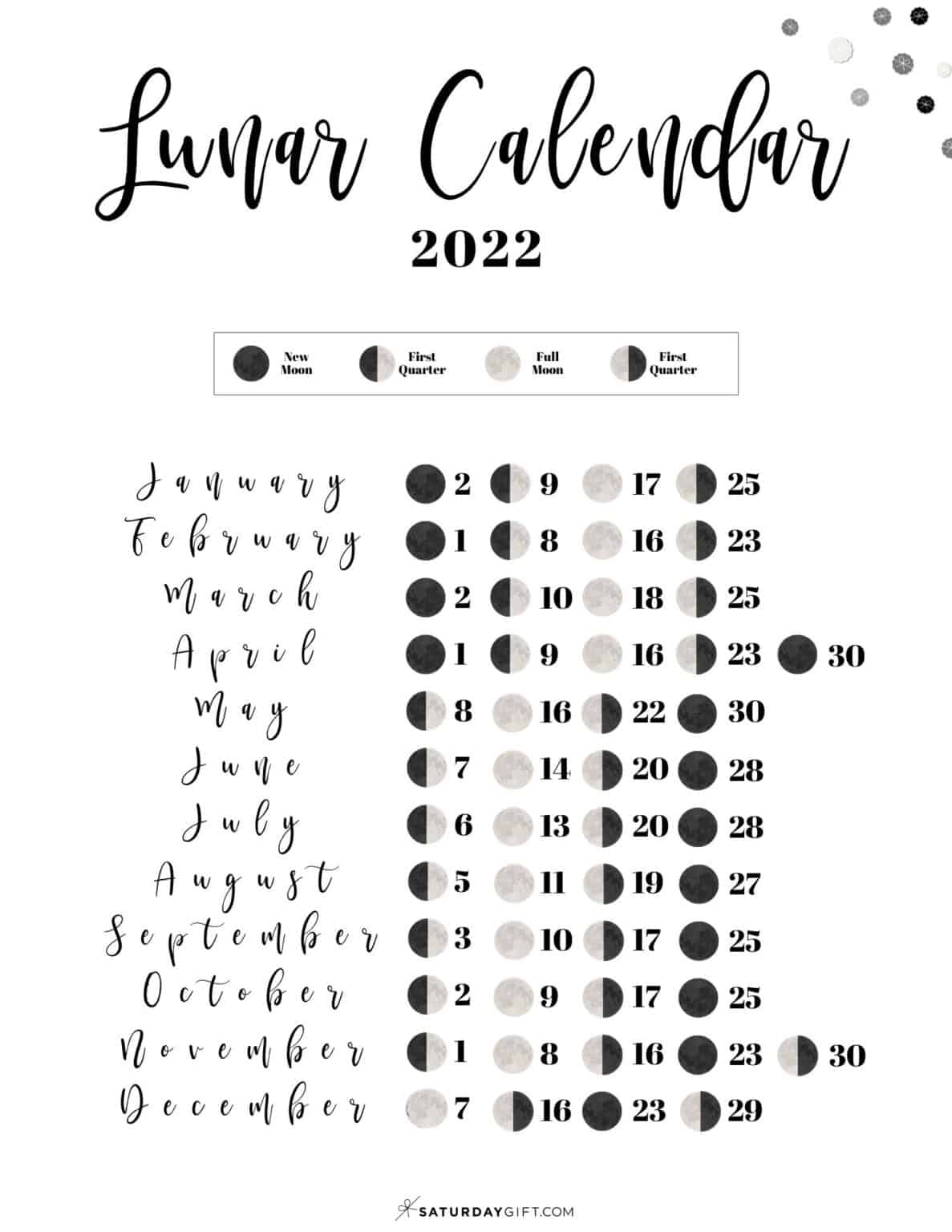 Cute & Free Printable 2022 Lunar Calendar Moon Phases on One Page