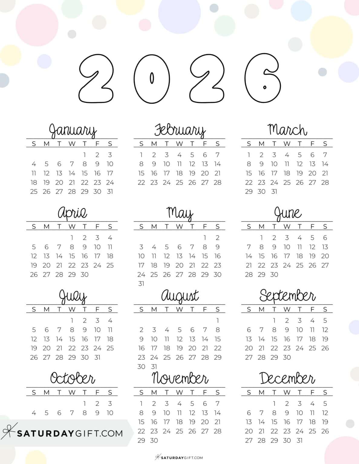 2026 Yearly Calendars 35 Free Printables