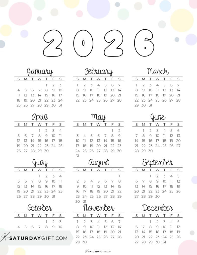 Pretty & Fun 2026 Calendar Year Printable PDF | SaturdayGift