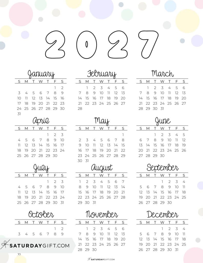 Pretty & Fun 2027 Calendar Year Printable PDF
