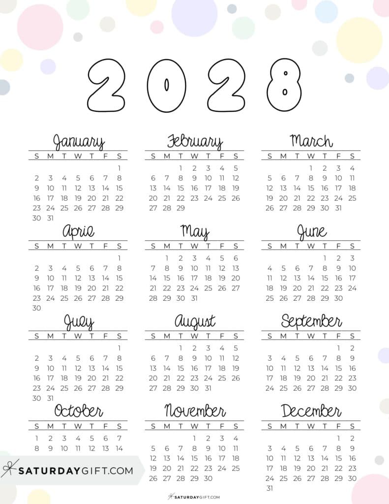 Pretty & Fun 2028 Calendar Year Printable PDF