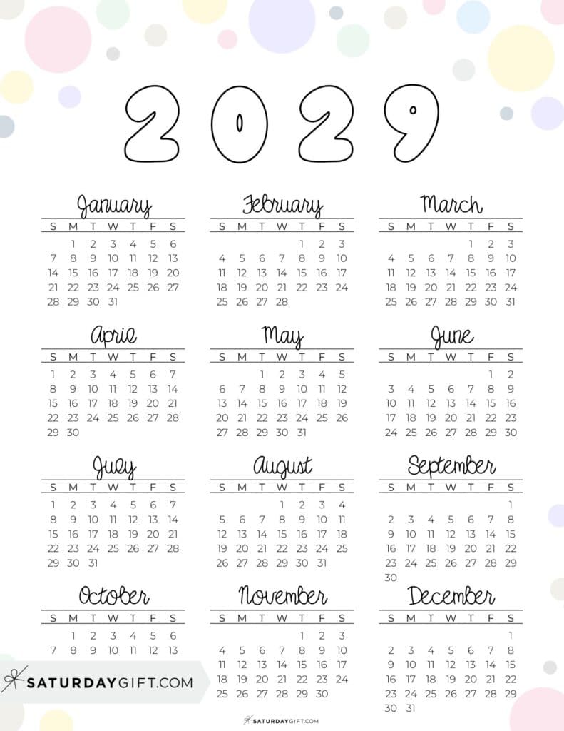 Pretty & Fun 2029 Calendar Year Printable PDF