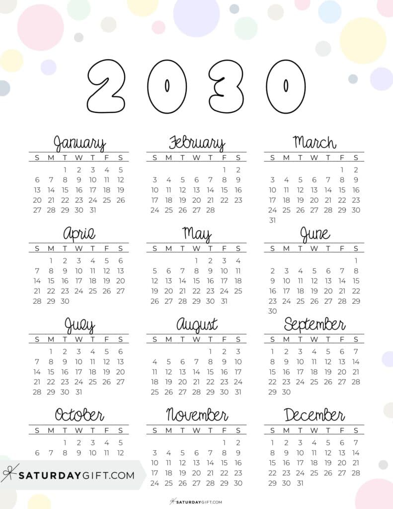 Pretty & Fun 2030 Calendar Year Printable PDF