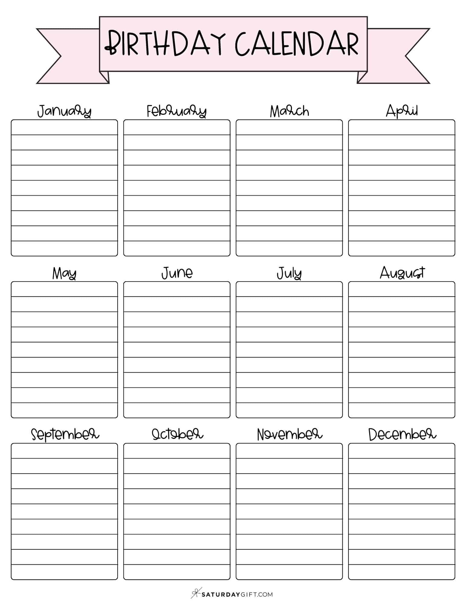 26 Cute & Free Printable Birthday Calendar Templates | SaturdayGift