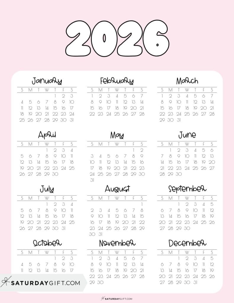 Printable 2026 Yearly Calendar at a Glance Pink | SaturdayGift