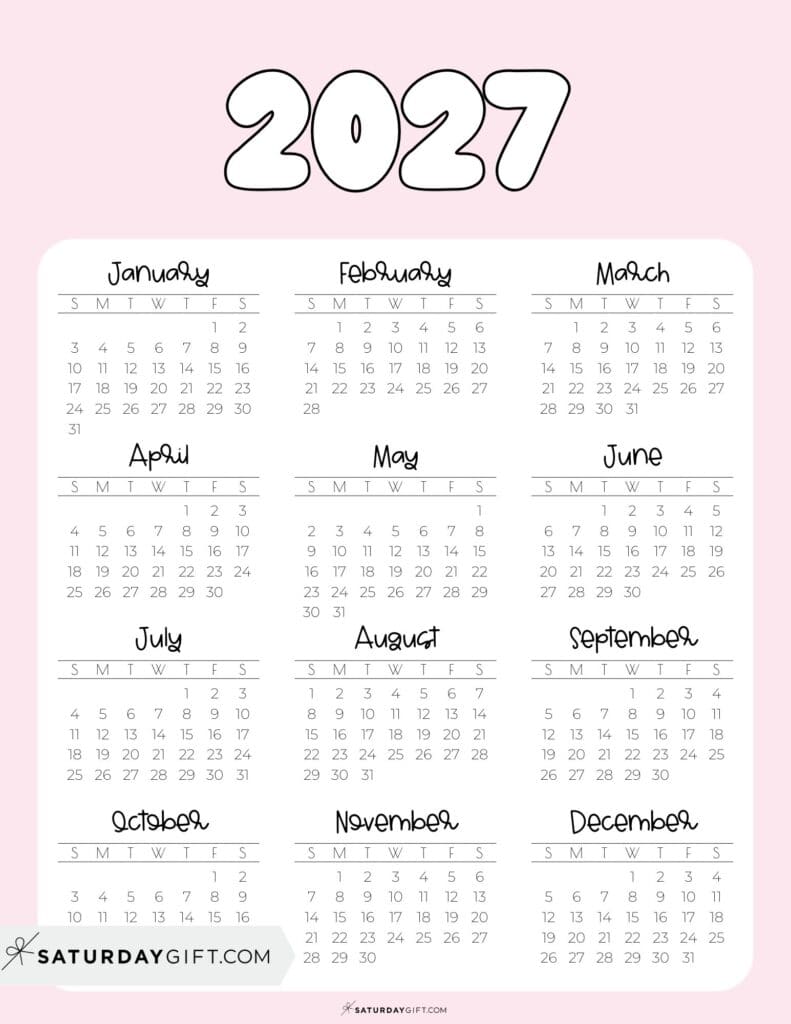 Printable 2027 Yearly Calendar at a Glance Pink