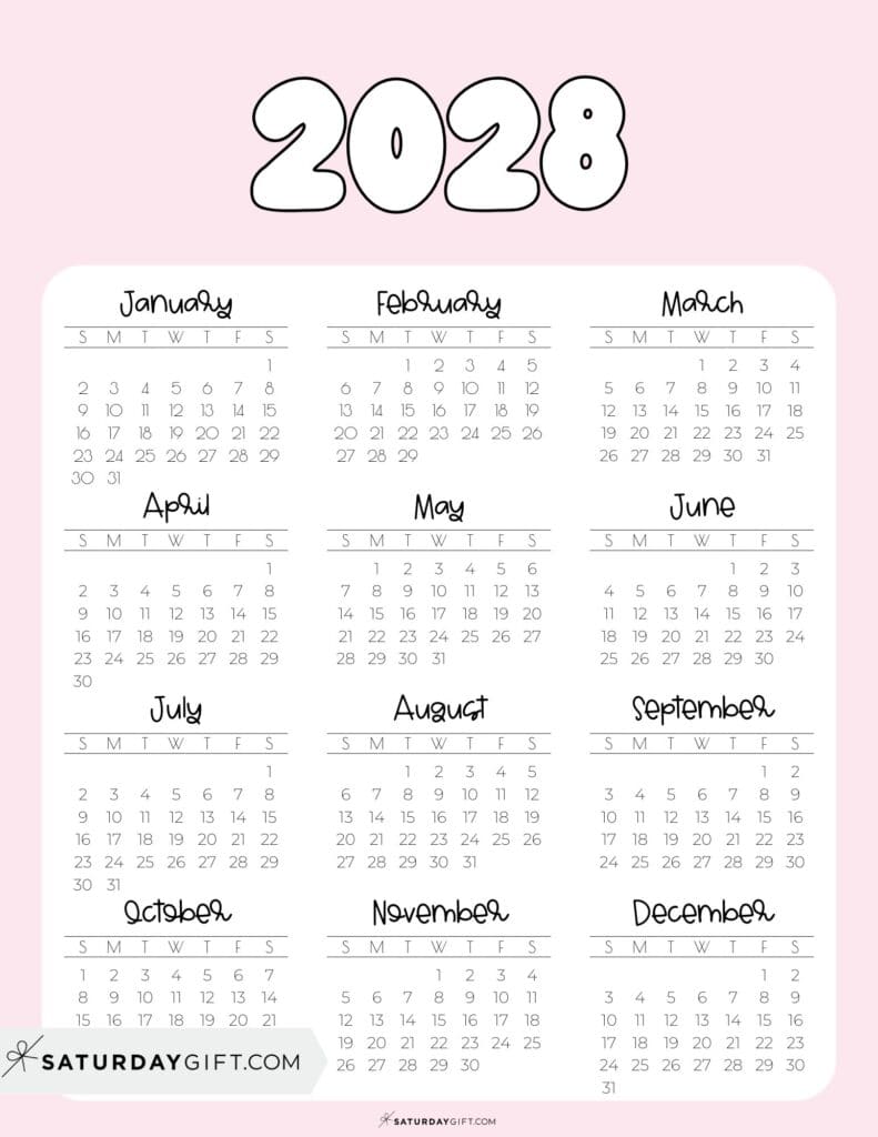 Printable 2028 Yearly Calendar at a Glance Pink