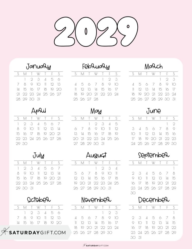 Printable 2029 Yearly Calendar at a Glance Pink