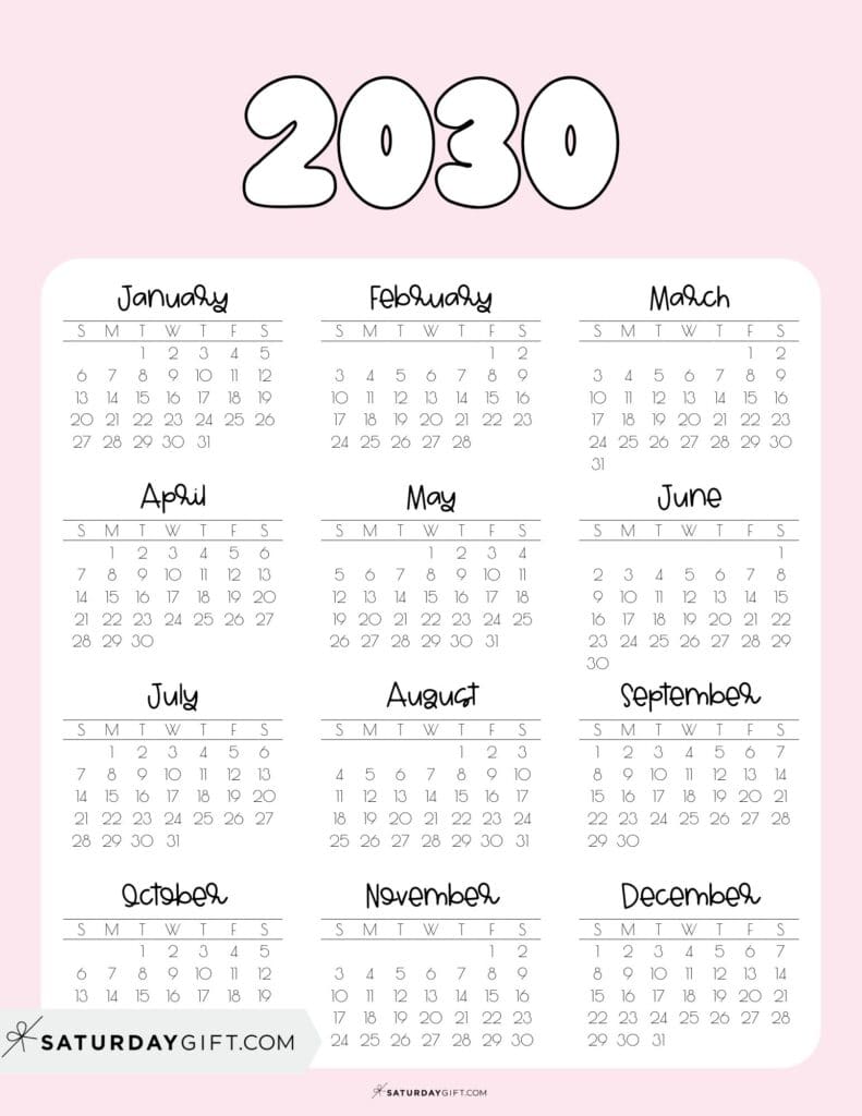 Printable 2030 Yearly Calendar at a Glance Pink