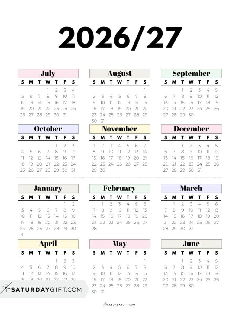 Printable Academic Year Calendar 26 27 - Pastel Colors - Portrait - Sunday & Monday Start | SaturdayGift