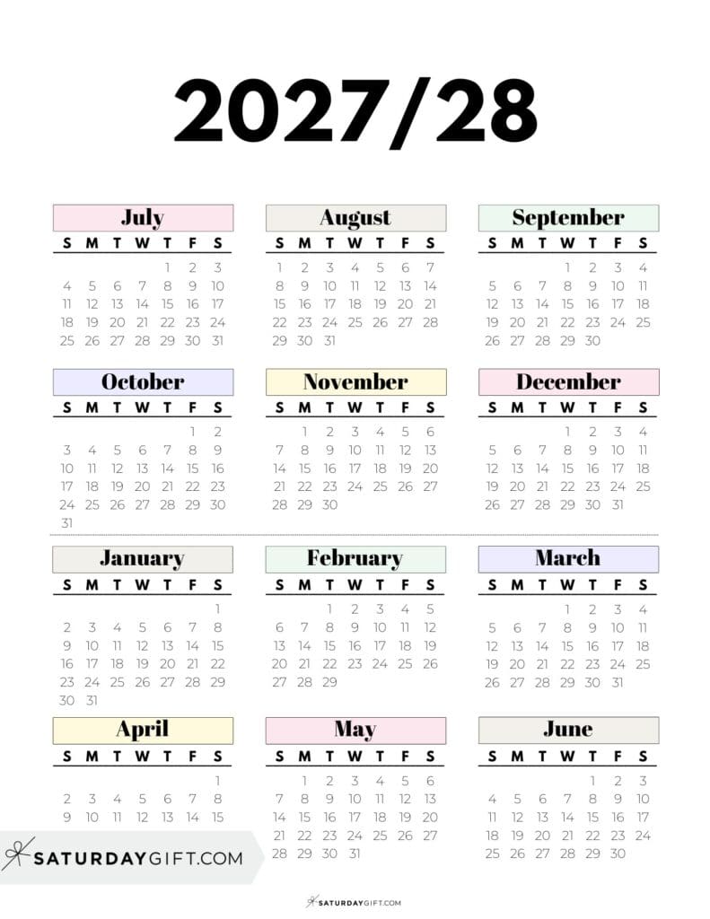 Printable Academic Year Calendar 27 28 - Pastel Colors - Portrait - Sunday & Monday Start | SaturdayGift