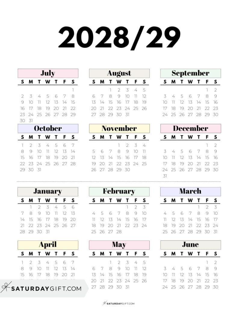 Printable Academic Year Calendar 28 29 - Pastel Colors - Portrait - Sunday & Monday Start | SaturdayGift