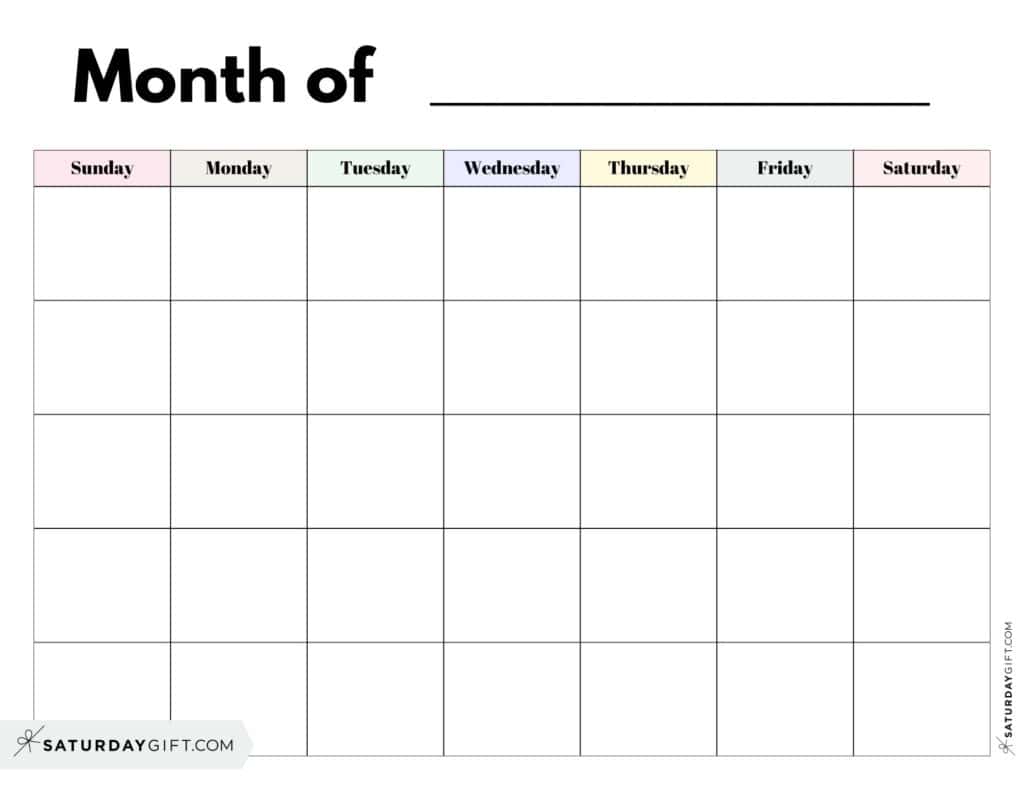 Printable Blank Monthly Calendar - Pastel Colors - Horizontal - Sunday Starting | SaturdayGift