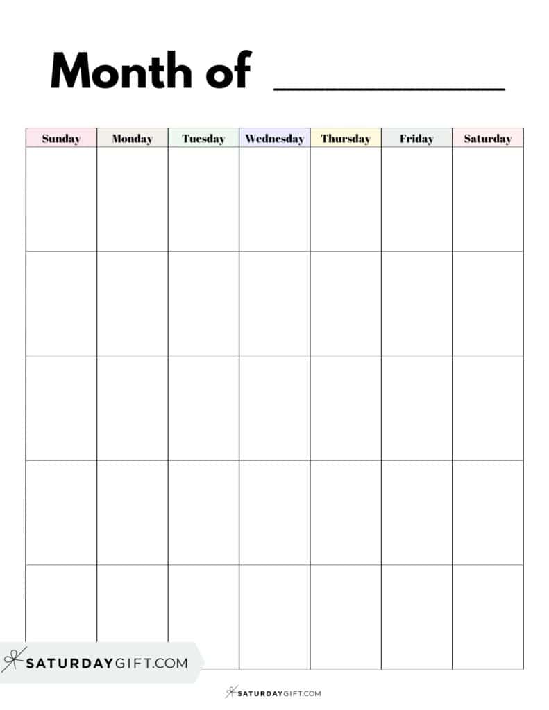 Printable Blank Monthly Calendar - Pastel Colors - Portrait - Sunday Start | SaturdayGift