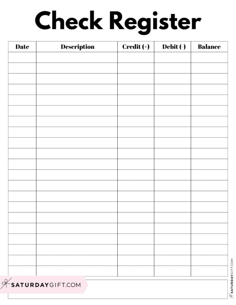 Printable Check Register Template PDF - Black and White
