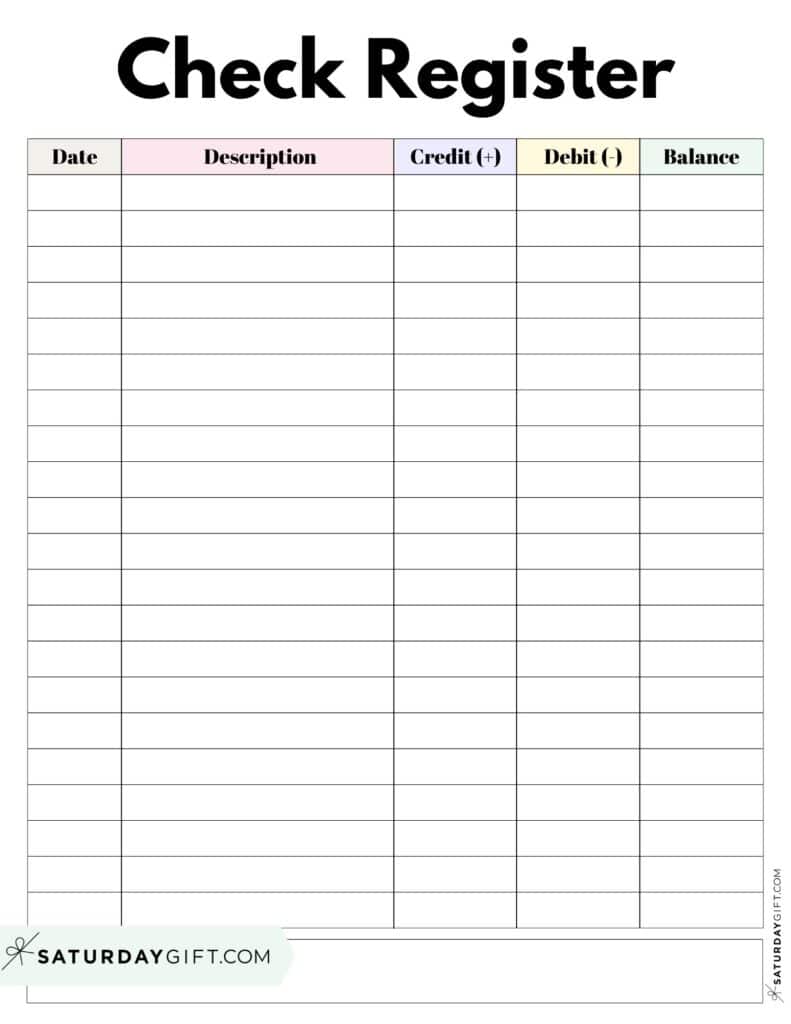 Printable Check Register Template - Pastel Colors