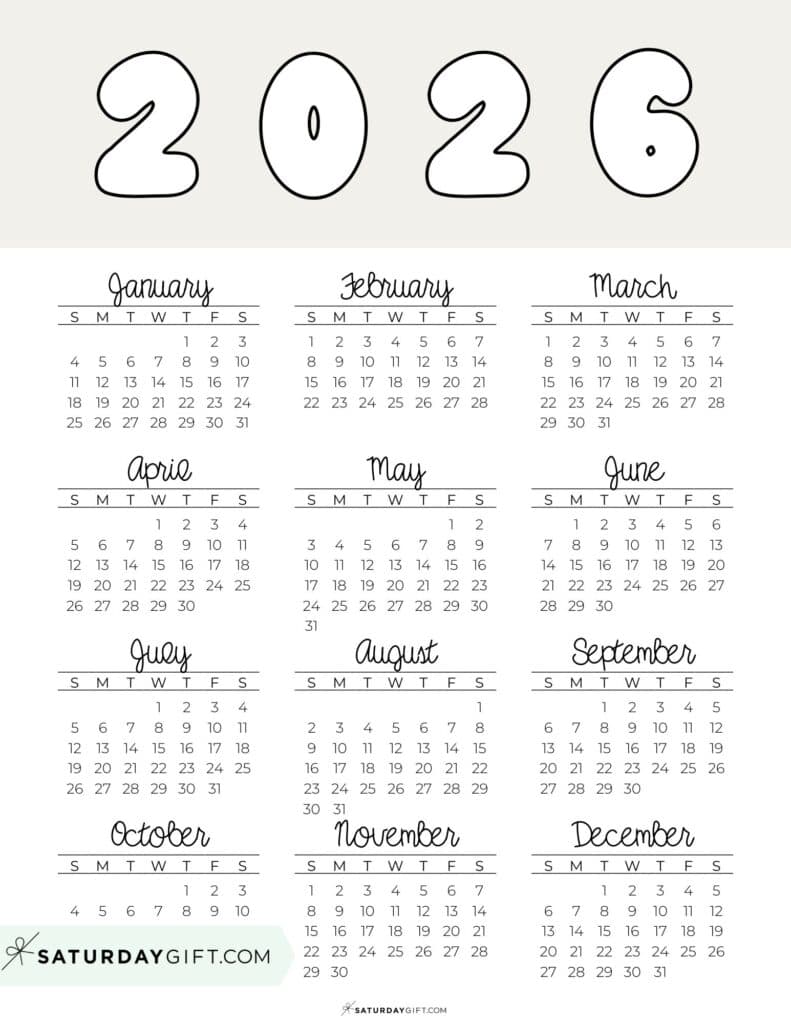 Printable Full Year Calendar 2026 Beige Free Printable PDF | SaturdayGift