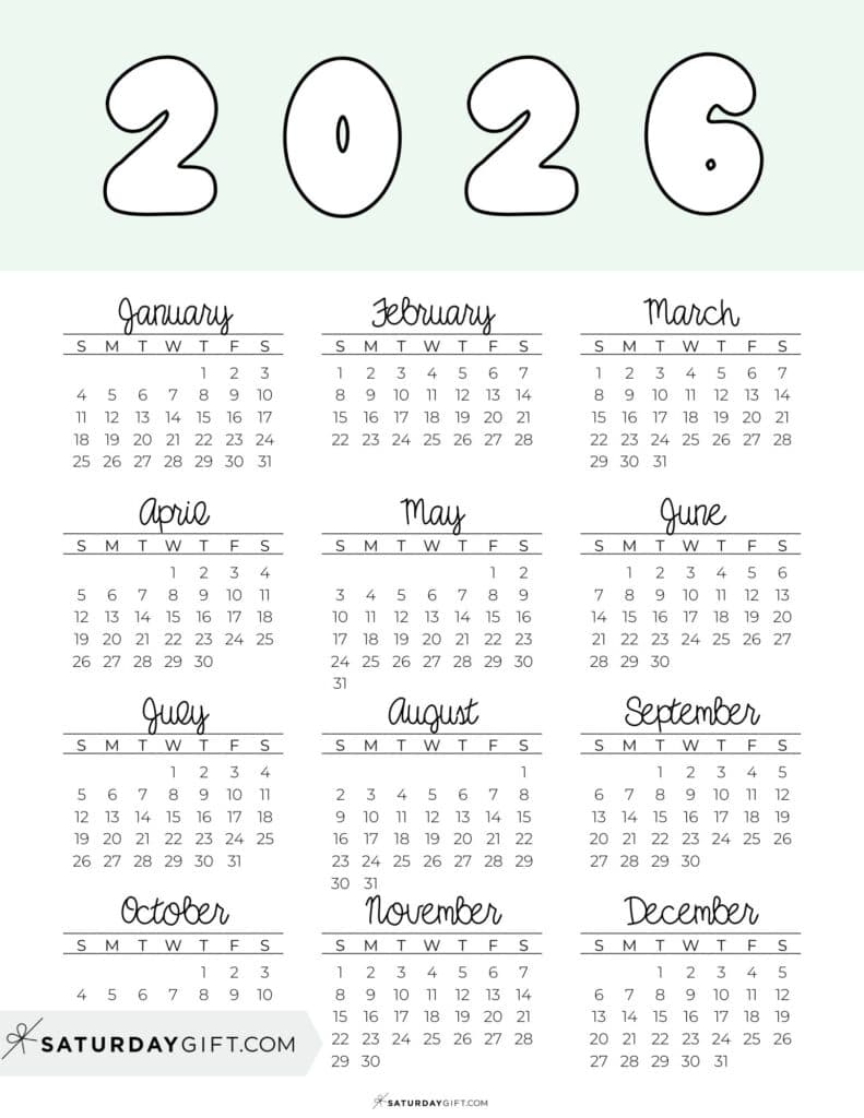 Printable Full Year Calendar 2026 Green Free Printable PDF | SaturdayGift